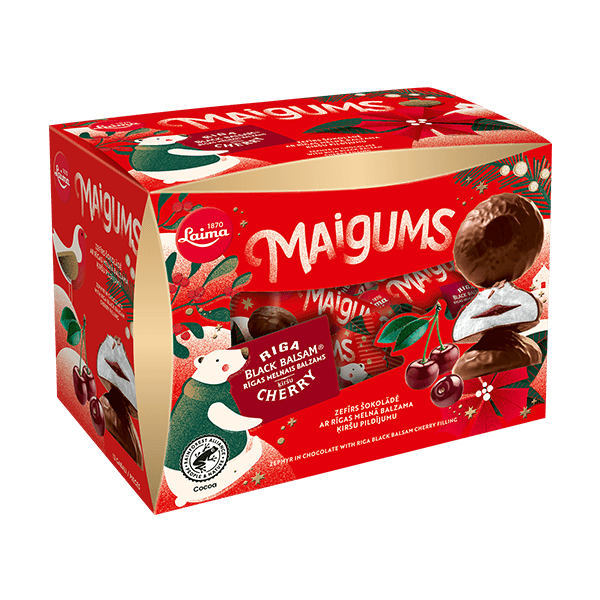 Laima - Christmas Marshmallows in Chocolate with Riga Black Balsam Cherry Filling 185g